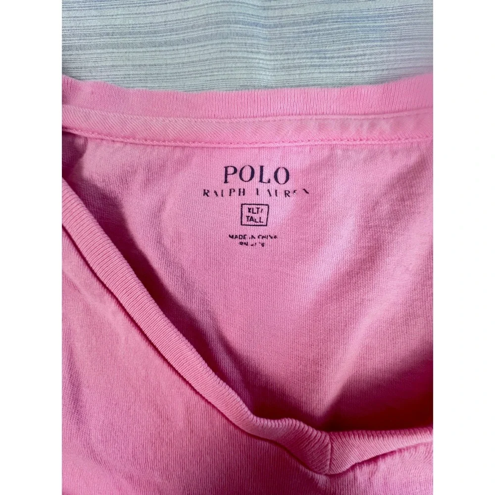 Polo Ralph Lauren Mens Pink V-Neck T-Shirt XLT Tall Blue Pony Logo Cotton Tee